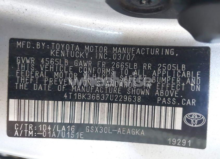 Photo 9 of 2007 Toyota Avalon XLS (VIN 4T1BK36B37U229638)