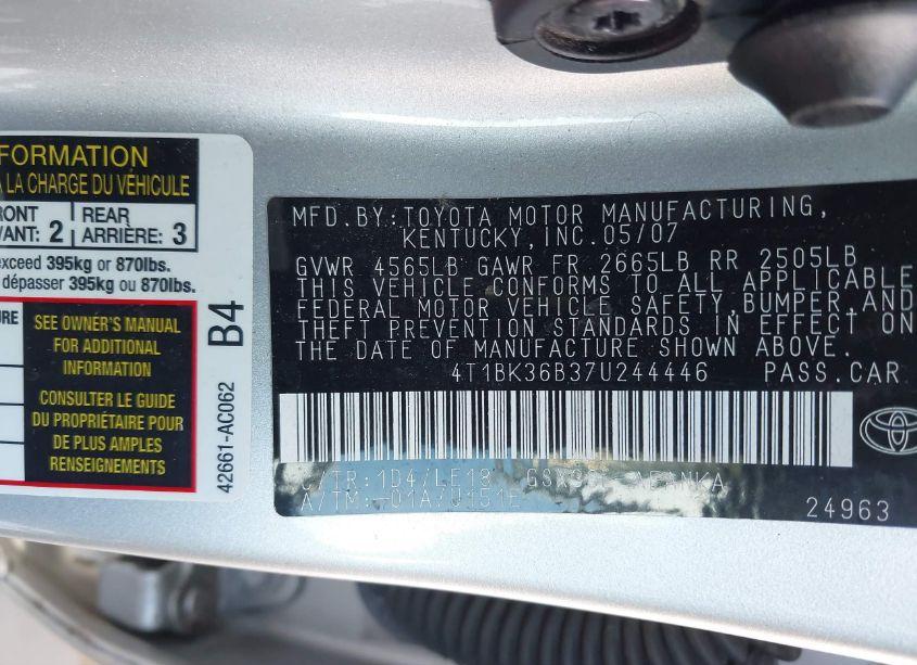 Photo 9 of 2007 Toyota Avalon TOURING (VIN 4T1BK36B37U244446)