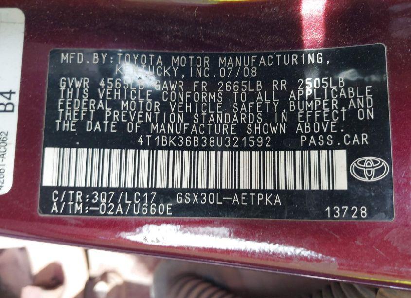 Photo 9 of 2008 Toyota Avalon LIMITED (VIN 4T1BK36B38U321592)