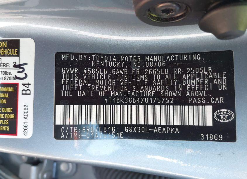 Photo 9 of 2007 Toyota Avalon LIMITED (VIN 4T1BK36B47U175752)