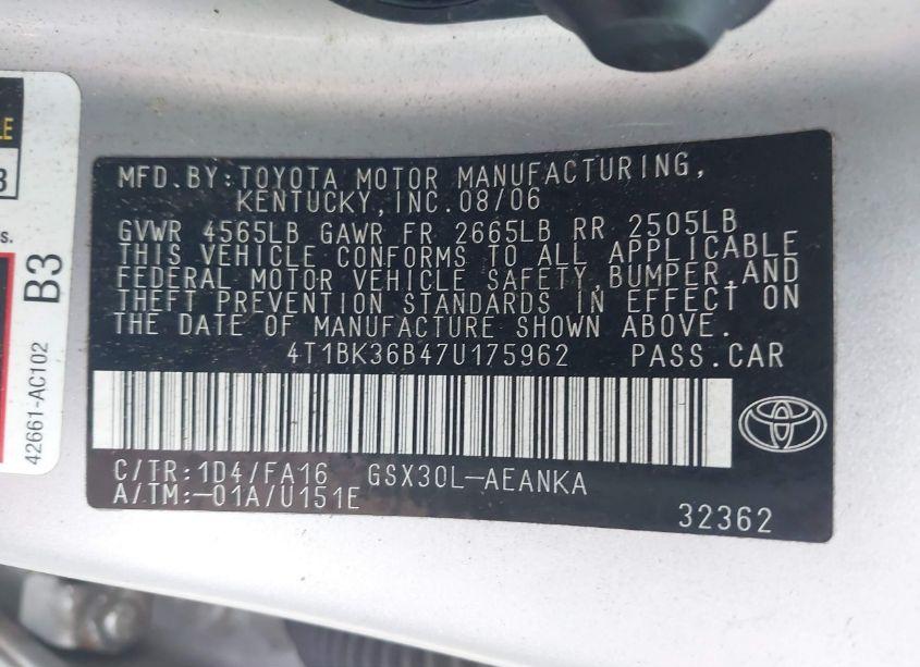 Photo 9 of 2007 Toyota Avalon XL (VIN 4T1BK36B47U175962)