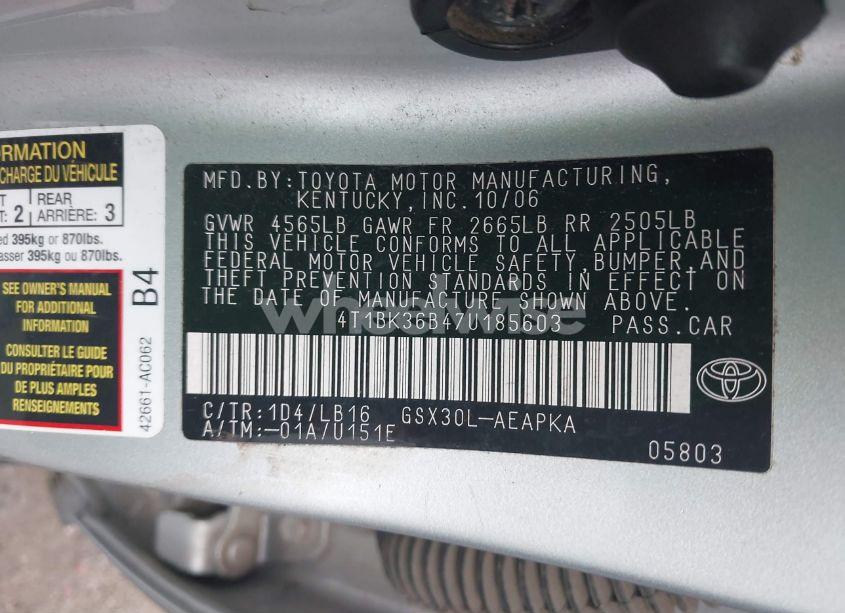 Photo 9 of 2007 Toyota Avalon LIMITED (VIN 4T1BK36B47U185603)