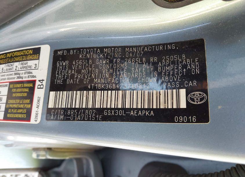 Photo 9 of 2007 Toyota Avalon LIMITED (VIN 4T1BK36B47U240812)