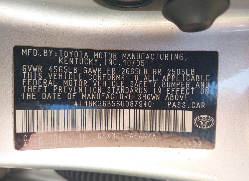 Photo 9 of 2006 Toyota Avalon TOURING (VIN 4T1BK36B56U087940)