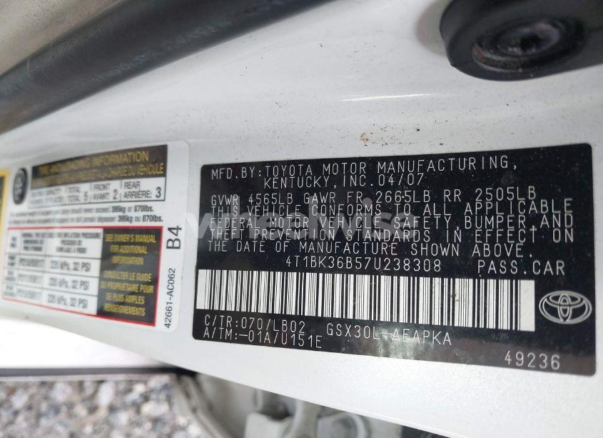 Photo 9 of 2007 Toyota Avalon LIMITED (VIN 4T1BK36B57U238308)