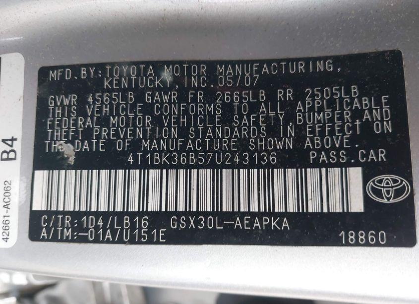 Photo 9 of 2007 Toyota Avalon LIMITED (VIN 4T1BK36B57U243136)