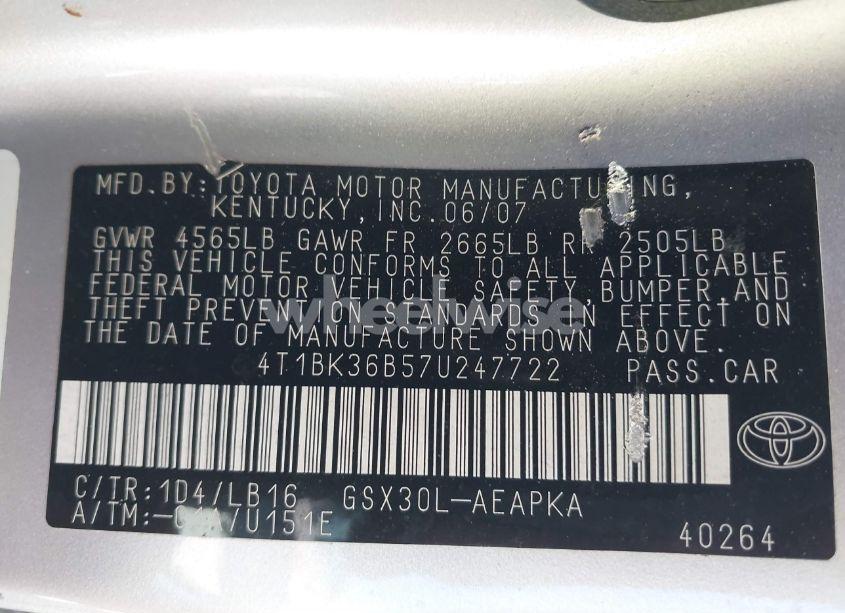 Photo 9 of 2007 Toyota Avalon LIMITED (VIN 4T1BK36B57U247722)