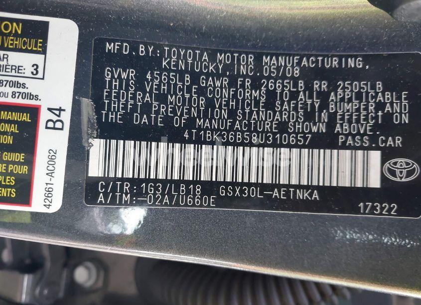 Photo 9 of 2008 Toyota Avalon TOURING (VIN 4T1BK36B58U310657)