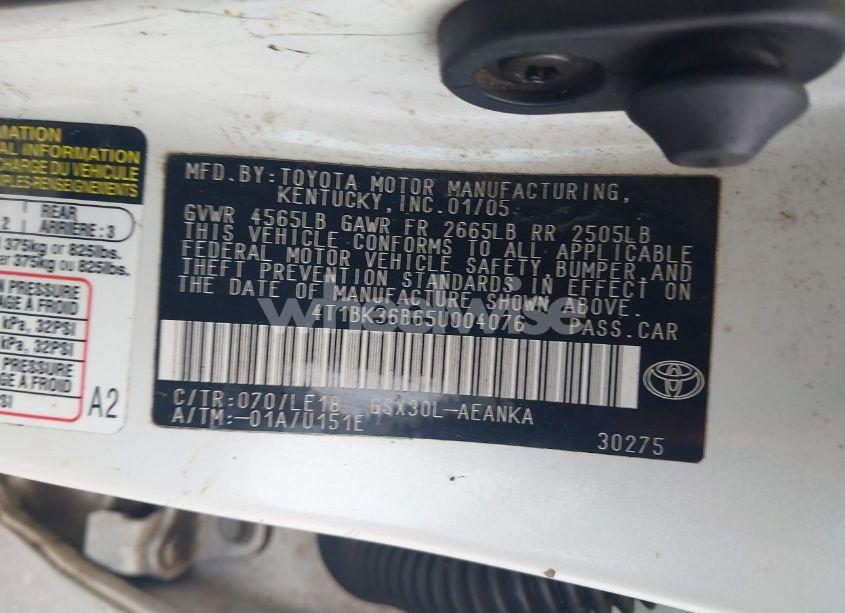 Photo 9 of 2005 Toyota Avalon TOURING (VIN 4T1BK36B65U004076)