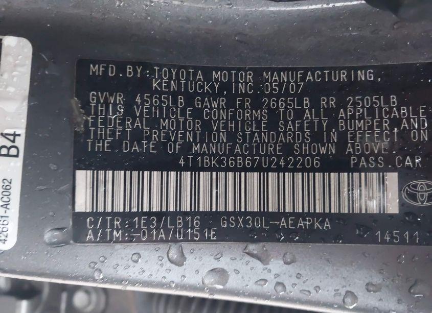 Photo 9 of 2007 Toyota Avalon LIMITED (VIN 4T1BK36B67U242206)