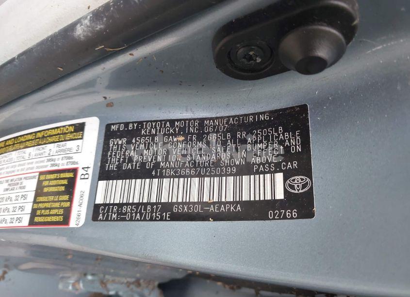 Photo 9 of 2007 Toyota Avalon LIMITED (VIN 4T1BK36B67U250399)