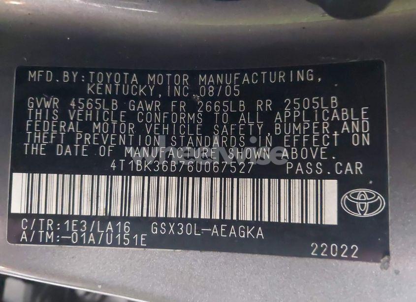 Photo 9 of 2006 Toyota Avalon XLS (VIN 4T1BK36B76U067527)