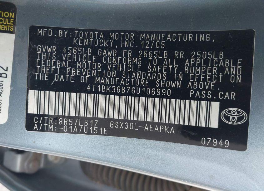 Photo 9 of 2006 Toyota Avalon LIMITED (VIN 4T1BK36B76U106990)