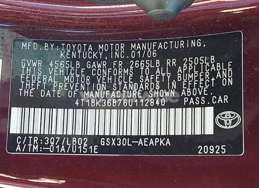 Photo 9 of 2006 Toyota Avalon LIMITED (VIN 4T1BK36B76U112840)