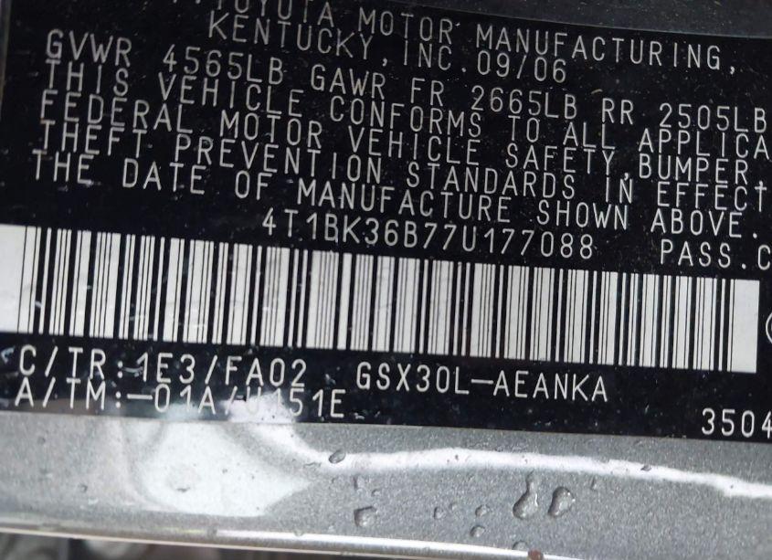 Photo 9 of 2007 Toyota Avalon XL (VIN 4T1BK36B77U177088)