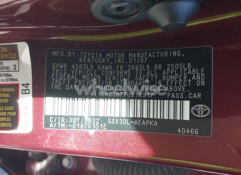 Photo 9 of 2007 Toyota Avalon LIMITED (VIN 4T1BK36B77U218917)