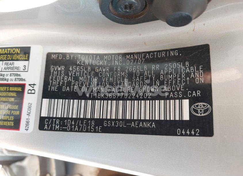 Photo 9 of 2007 Toyota Avalon TOURING (VIN 4T1BK36B77U224202)