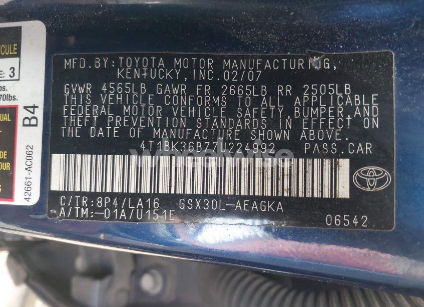 Photo 9 of 2007 Toyota Avalon XLS (VIN 4T1BK36B77U224992)