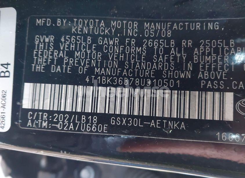 Photo 9 of 2008 Toyota Avalon TOURING (VIN 4T1BK36B78U310501)