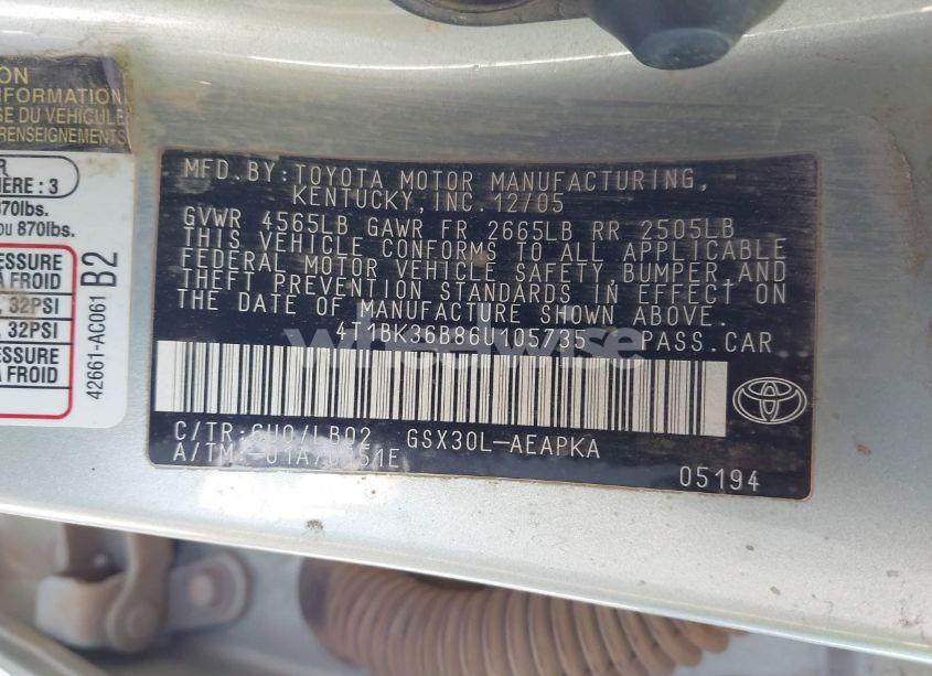 Photo 9 of 2006 Toyota Avalon LIMITED (VIN 4T1BK36B86U105735)