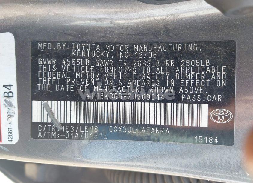 Photo 9 of 2007 Toyota Avalon TOURING (VIN 4T1BK36B87U209014)