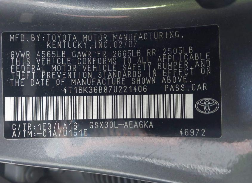 Photo 9 of 2007 Toyota Avalon XLS (VIN 4T1BK36B87U221406)