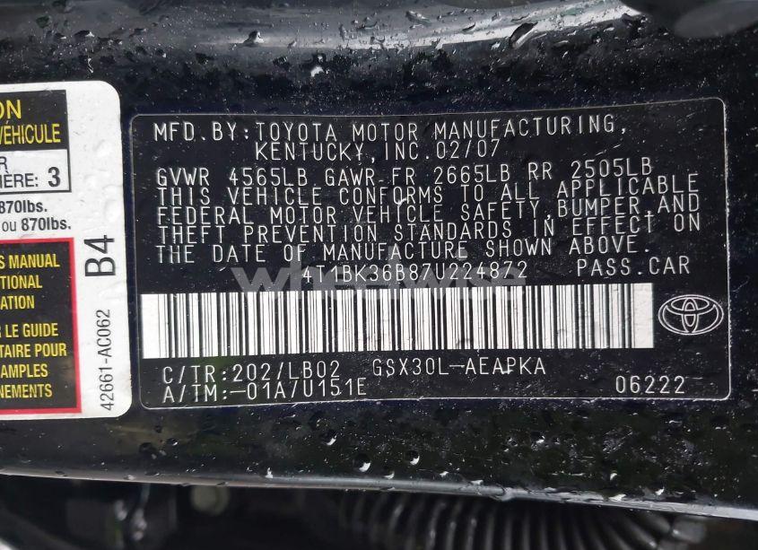 Photo 9 of 2007 Toyota Avalon LIMITED (VIN 4T1BK36B87U224872)