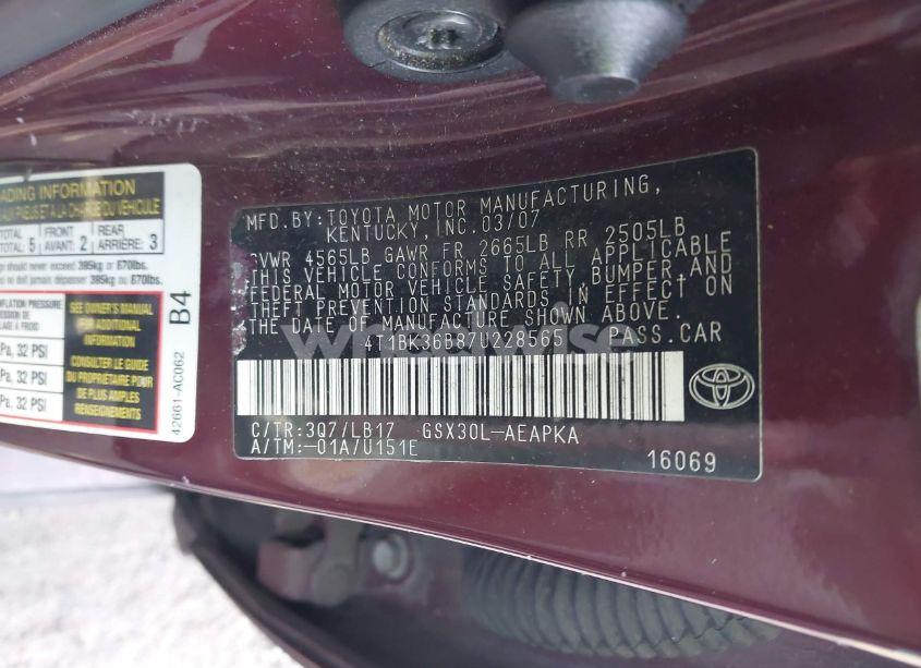 Photo 9 of 2007 Toyota Avalon LIMITED (VIN 4T1BK36B87U228565)