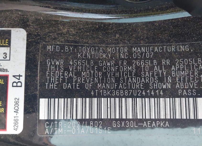 Photo 9 of 2007 Toyota Avalon LIMITED (VIN 4T1BK36B87U241414)