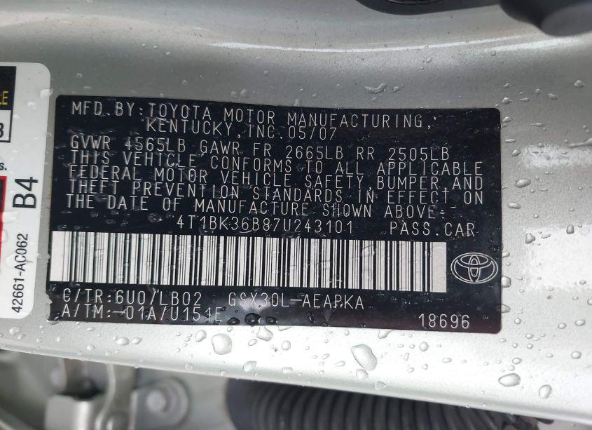 Photo 9 of 2007 Toyota Avalon LIMITED (VIN 4T1BK36B87U243101)