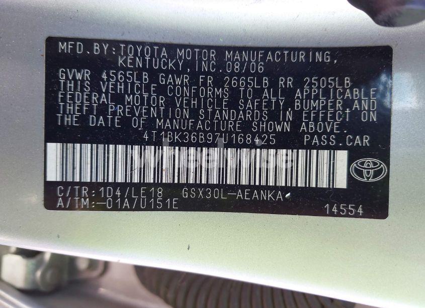 Photo 9 of 2007 Toyota Avalon TOURING (VIN 4T1BK36B97U168425)