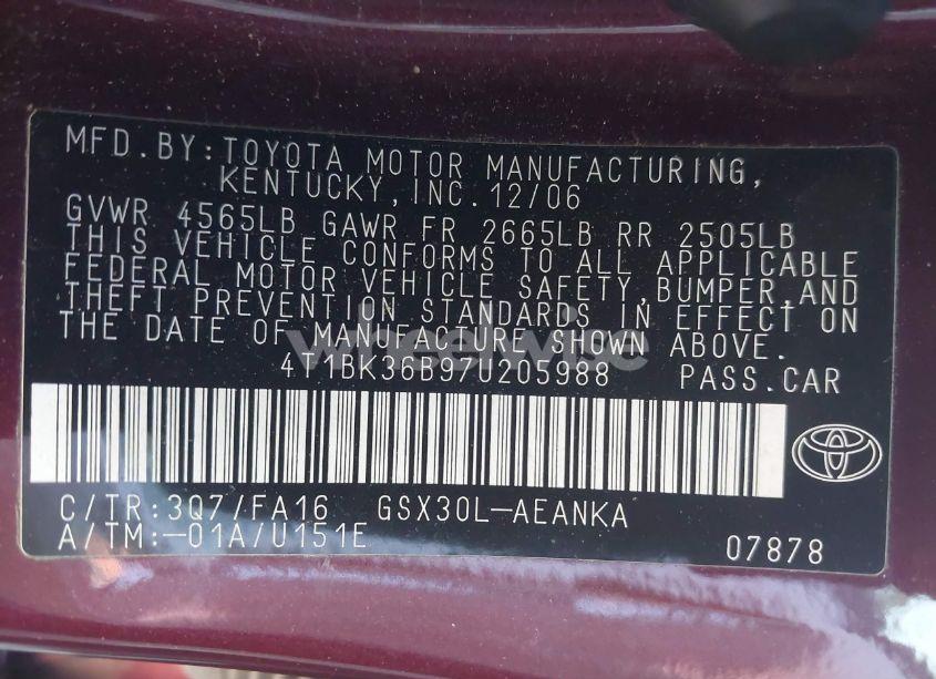 Photo 9 of 2007 Toyota Avalon XL (VIN 4T1BK36B97U205988)