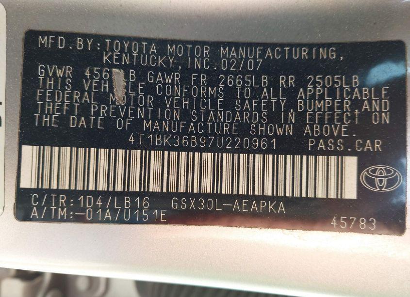 Photo 9 of 2007 Toyota Avalon LIMITED (VIN 4T1BK36B97U220961)