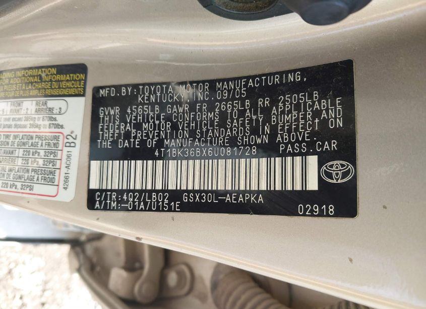 Photo 9 of 2006 Toyota Avalon LIMITED (VIN 4T1BK36BX6U081728)