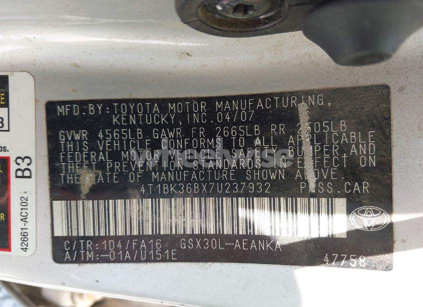 Photo 9 of 2007 Toyota Avalon XL (VIN 4T1BK36BX7U237932)