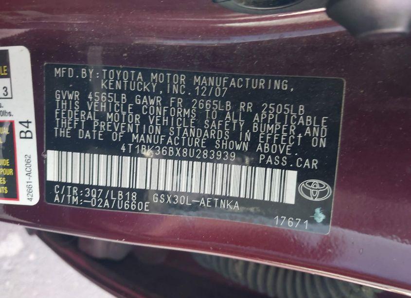 Photo 9 of 2008 Toyota Avalon TOURING (VIN 4T1BK36BX8U283939)
