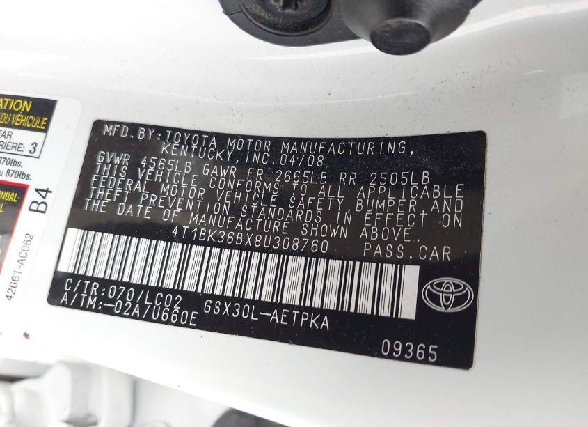 Photo 9 of 2008 Toyota Avalon LIMITED (VIN 4T1BK36BX8U308760)