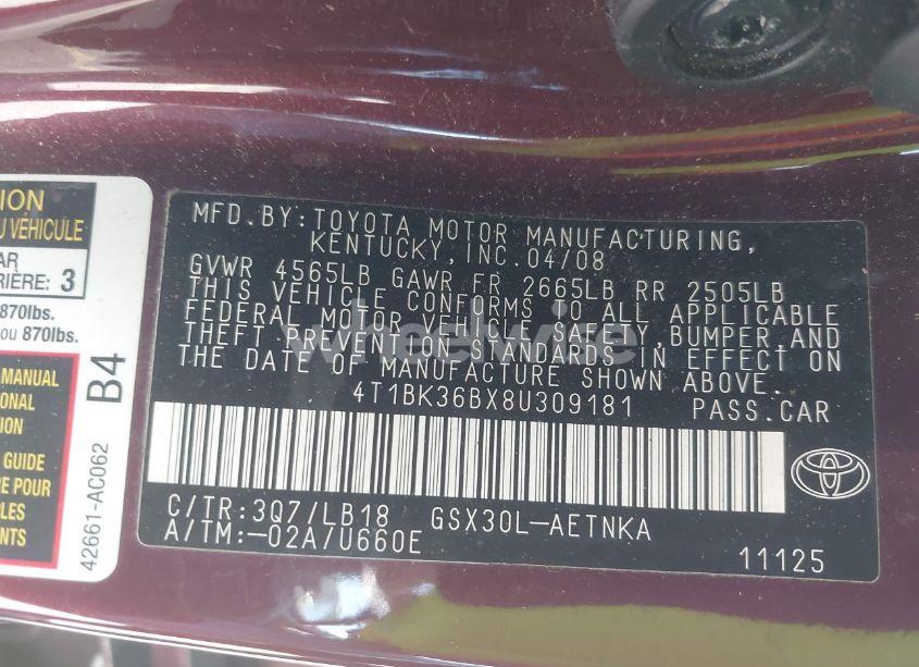 Photo 9 of 2008 Toyota Avalon TOURING (VIN 4T1BK36BX8U309181)