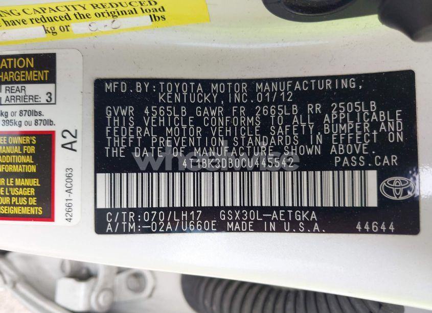 Photo 9 of 2012 Toyota Avalon (VIN 4T1BK3DB0CU445542)