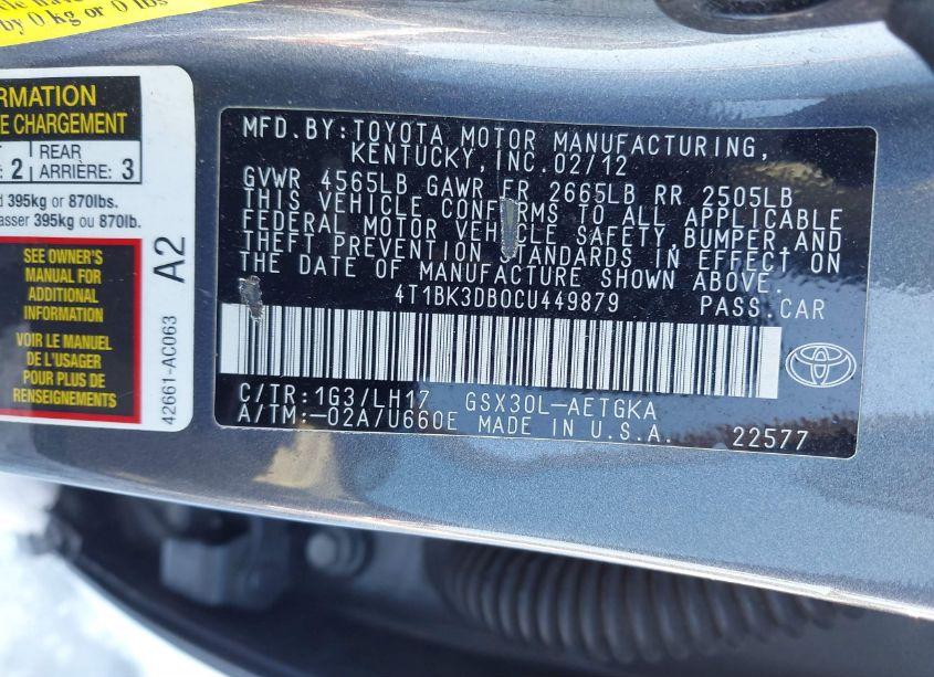 Photo 9 of 2012 Toyota Avalon (VIN 4T1BK3DB0CU449879)