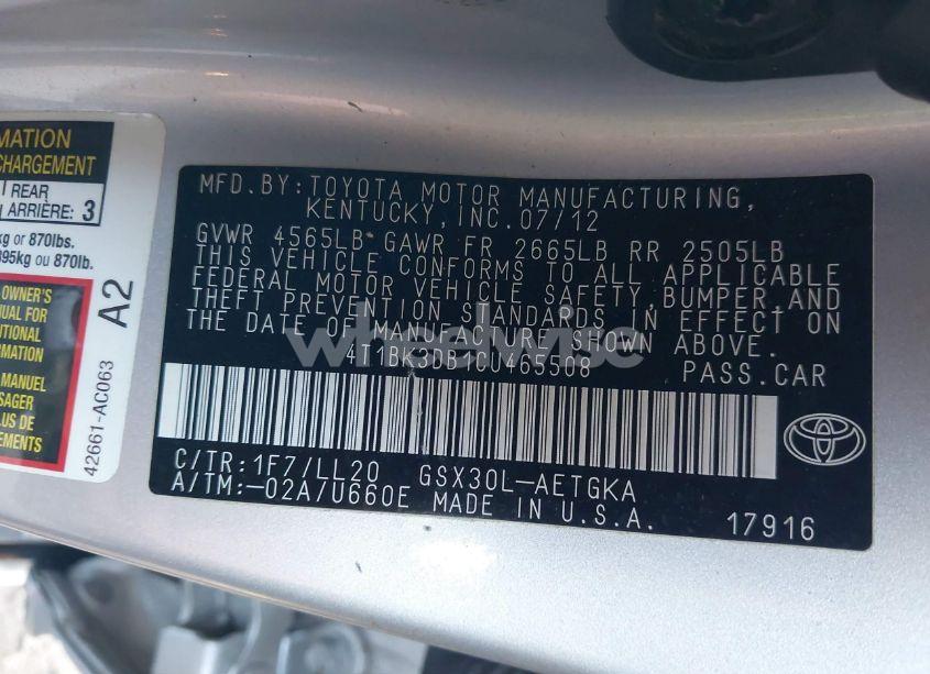 Photo 9 of 2012 Toyota Avalon (VIN 4T1BK3DB1CU465508)