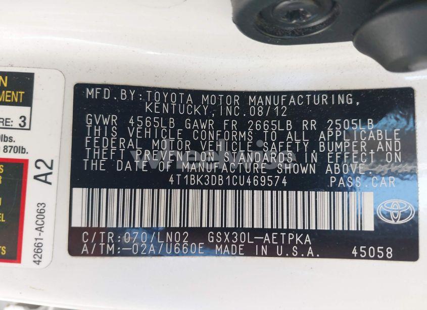 Photo 9 of 2012 Toyota Avalon LIMITED (VIN 4T1BK3DB1CU469574)