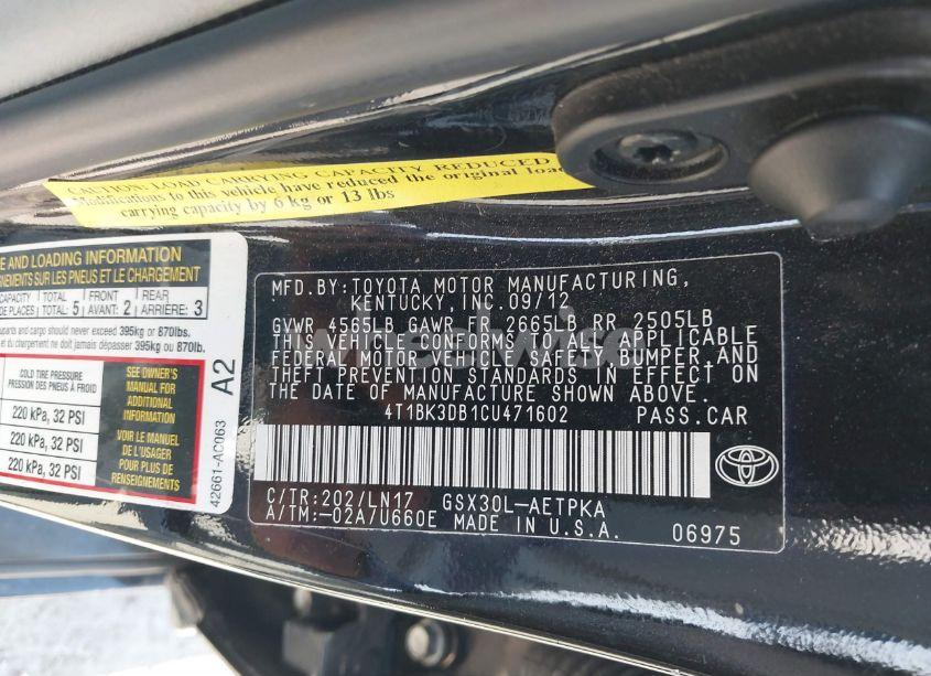 Photo 9 of 2012 Toyota Avalon LIMITED (VIN 4T1BK3DB1CU471602)
