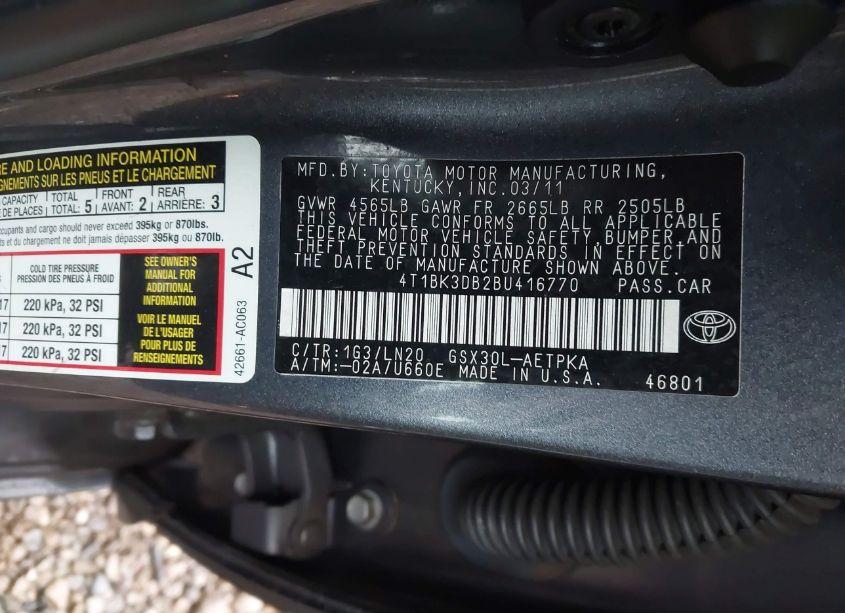 Photo 9 of 2011 Toyota Avalon LIMITED (VIN 4T1BK3DB2BU416770)