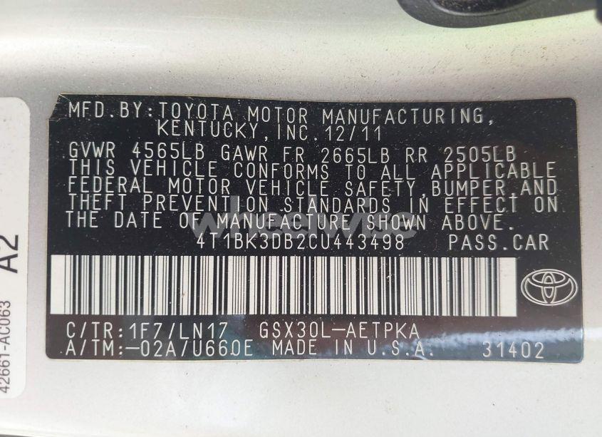 Photo 9 of 2012 Toyota Avalon LIMITED (VIN 4T1BK3DB2CU443498)