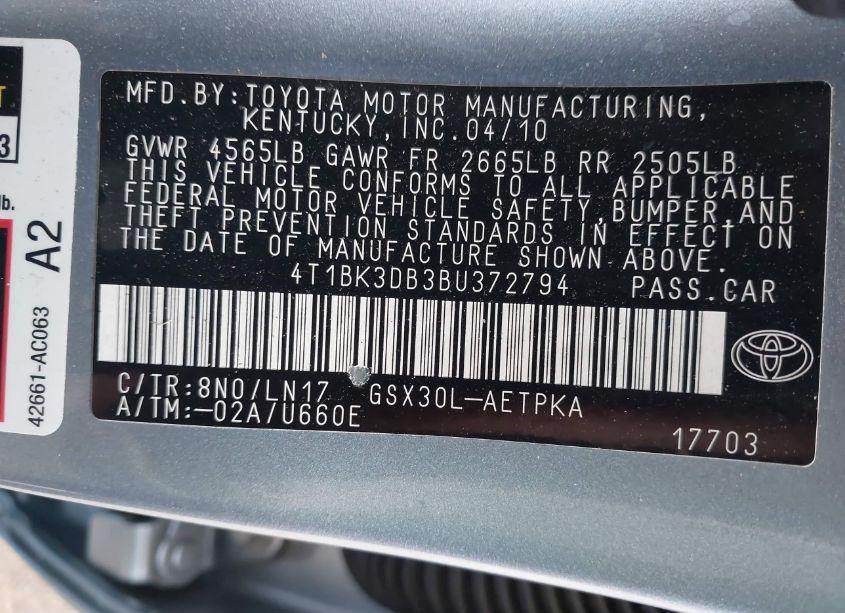 Photo 9 of 2011 Toyota Avalon LIMITED (VIN 4T1BK3DB3BU372794)