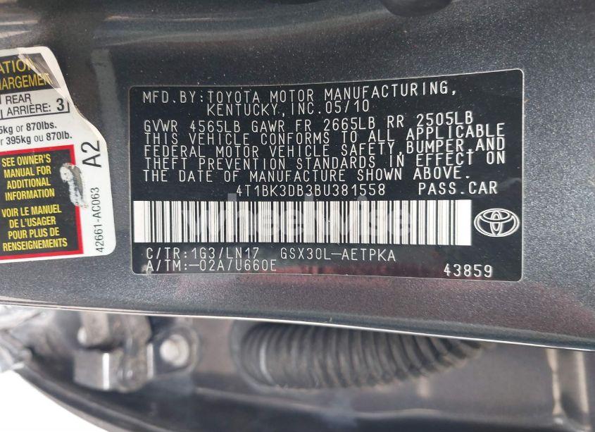 Photo 9 of 2011 Toyota Avalon LIMITED (VIN 4T1BK3DB3BU381558)