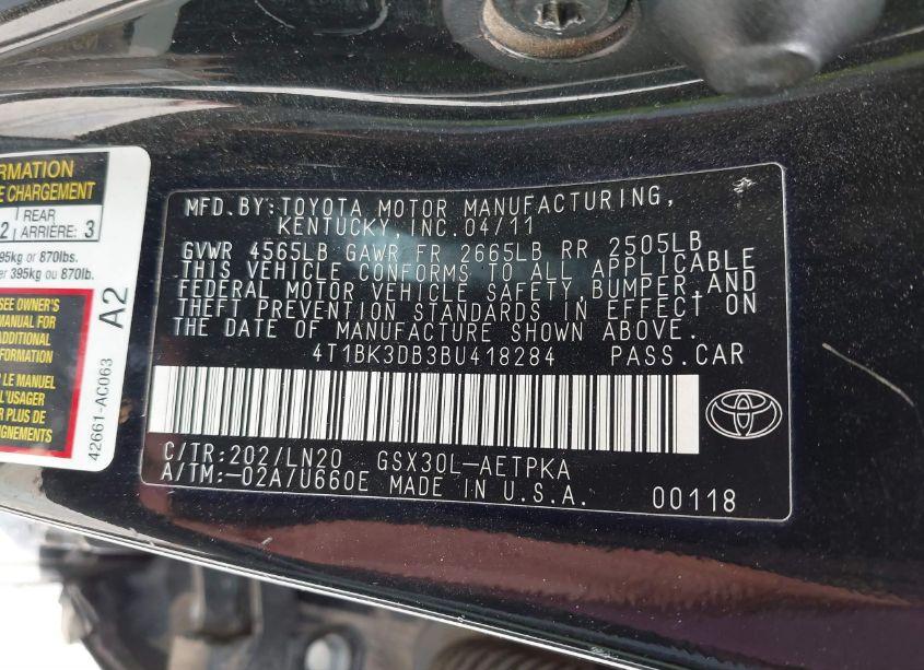 Photo 9 of 2011 Toyota Avalon LIMITED (VIN 4T1BK3DB3BU418284)