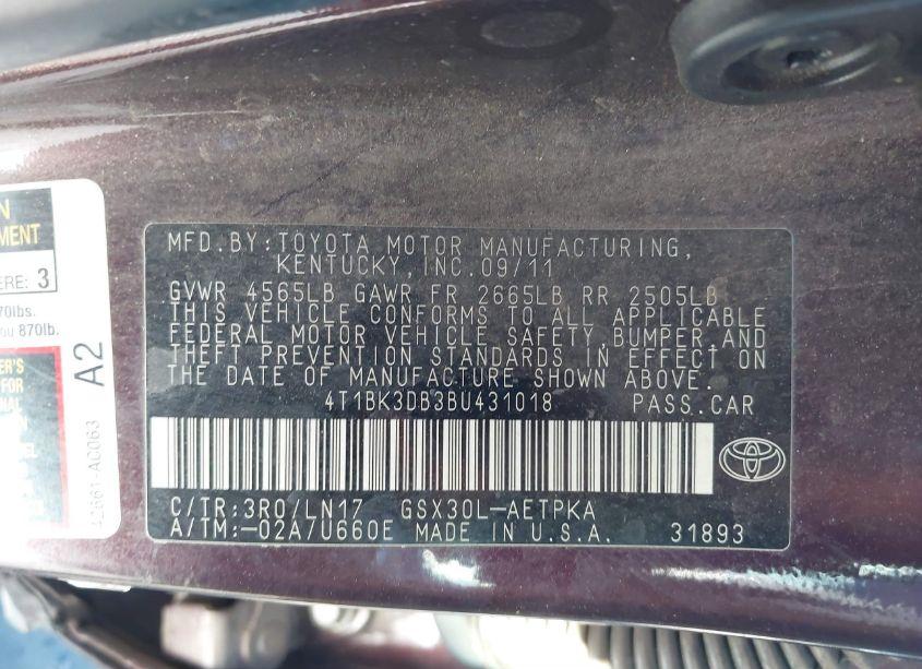 Photo 9 of 2011 Toyota Avalon LIMITED (VIN 4T1BK3DB3BU431018)