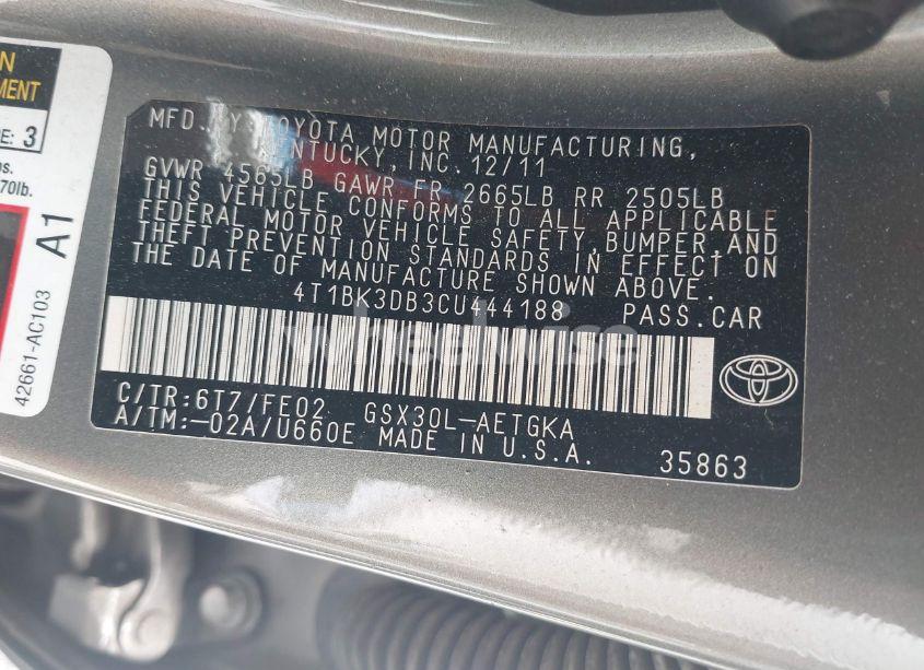 Photo 9 of 2012 Toyota Avalon (VIN 4T1BK3DB3CU444188)